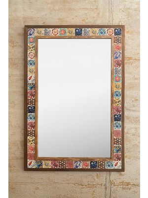 Oscar Stone Decor Ahşap Çerçeveli Mozaik Taş (Mermer) Ayna 63X93 cm Seramik Eskitme Çini Desenl