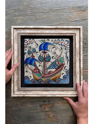 Oscar Stone Decor Çerçeveli Tablo Taş Duvar Dekoru 30 x 30 cm Çini Seramik Gemi