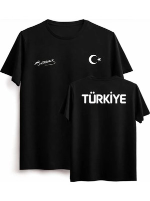 Shain Türk Bayrağı Atatürk Imza Baskılı Bisiklet Yaka Siyah Tişört T-Shirt