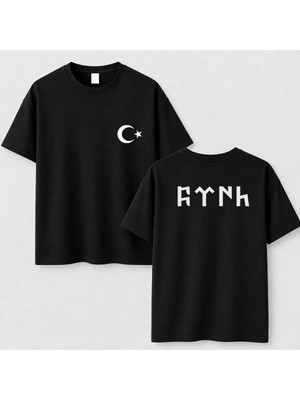 Shain Türk Bayrağı Göktürkçe Türk Yazılı Baskılı Unisex Siyah Tişört T-Shirt