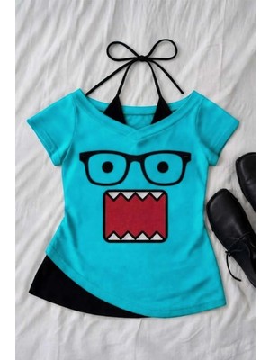 Moonstyle Collection Domo Kun Ek Askılı Turkuaz Y2K Street Tam Boy Bluz