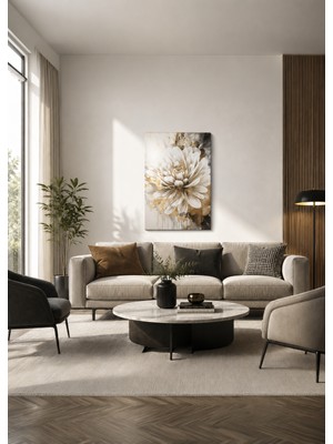 Zera Wall Mdf Tablo Beyaz Çiçek ve Gold Detaylı Soyut Tasarım – Modern Salon, Yatak Odası ve Ofis Duvar Dekorasyonu