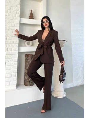 Zf Butik Bağlamalı Kemerli Şal Yaka Blazer Ceket Boru Paça Esnek Pantolon Takım Elbise