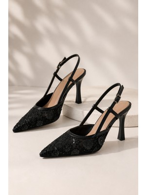 Best Cover Bella Kadın Çiçek Işlemeli Tül Detaylı Sivri Burun Ince 10 cm Topuklu Slingback Ayakkabı