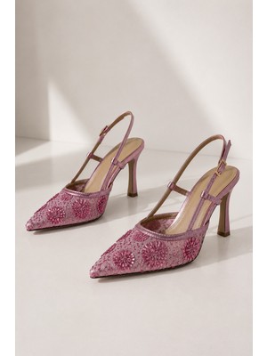 Best Cover Bella Kadın Çiçek Işlemeli Tül Detaylı Sivri Burun Ince 10 cm Topuklu Slingback Ayakkabı