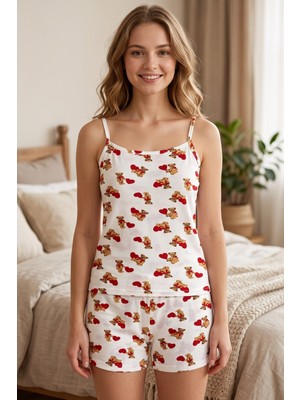 Hadiora Kadın Beyaz Ayı ve Kalp Desenli Askılı Şortlu Pijama Takımı - Pamuklu Rahat Pijama