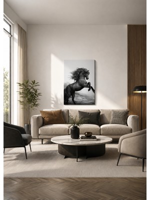 Zera Wall Mdf Tablo Şahlanan Siyah At Görseli – Güç ve Özgürlük Temalı Salon, Genç Odası ve Ofis Duvar Dekorasyonu