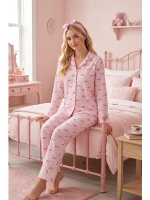Fit Women Kadın Pembe Çizgili Kurdele Desenli Bürümcük Kumaş Uzun Kollu Pijama Takımı 6069