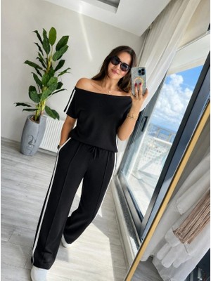 Defy Moda Kadın Tek Omuzdan Açık Yan Şerit Detaylı Viskon Iki Iplik Bluz ve Pantolon Ikili Takım