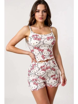 D Lingerie Hello Kitty Desenli Askılı Kadın Şortlu Pijama Takımı DM1363