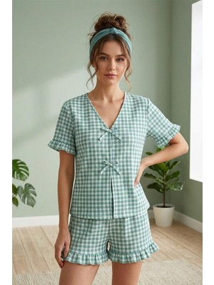 Fit Women Kadın Fiyonklu Fırfır Detaylı Kareli Şortlu Pijama Takımı 4586