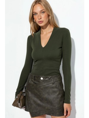 Hiccup Kadınlar Busem Slim Fit V Yaka Uzun Kollu Bluz Zeytin Yeşili