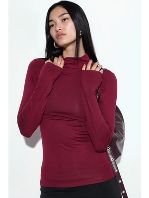 Hiccup Kadınlar Busem Slim Fit Yarım Balıkçı Yaka Bluz Bordo Kırmızı
