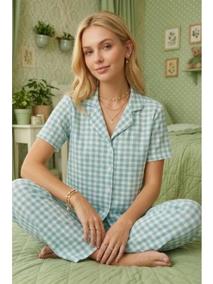 Fit Women Kadın Kare Desenli Bürümcük Kumaş Kısa Kollu Pijama Takımı 6065