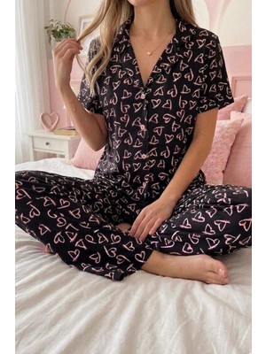 Fit Women Kadın Pembe Kalp Desenli Düğmeli Kısa Kollu Pijama Takımı 4590