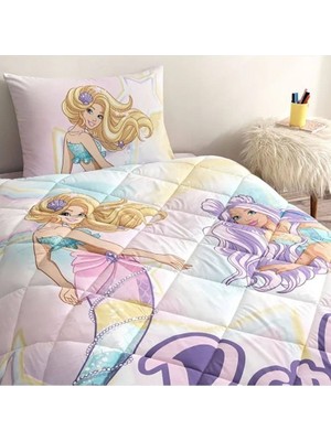 Taç Lisanslı Barbie Mermaid Pamuk Yorgan Seti Tek Kişilik (Dolgulu Yastık Hediyeli)