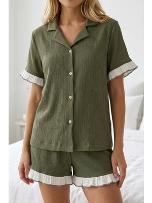 Fit Women Kadın Bürümcük Kumaş Fırfır Detaylı Düğmeli Şortlu Pijama Takımı 6021