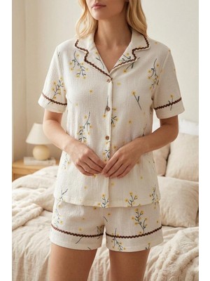 Fit Women Kadın Kahverengi Su Yolu Desenli Sarı Çiçek Baskılı Şortlu Pijama Takımı