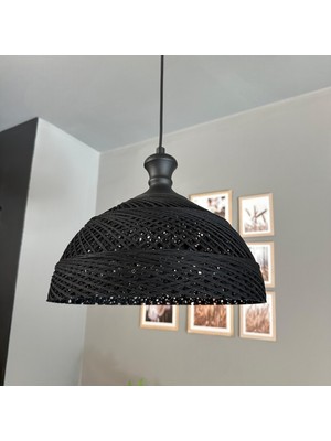 Bamyum Bohem Recycle Iplik Jüt El Yapımı Siyah Tekli Avize Siyah Tokmak Başlık Sarkıt Lamba