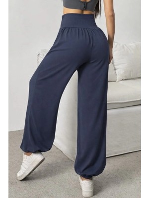Defy Moda Kadın Yüksek Bel Büzgülü Cepli Geniş Kesim Viskon Iki Iplik Pantolon