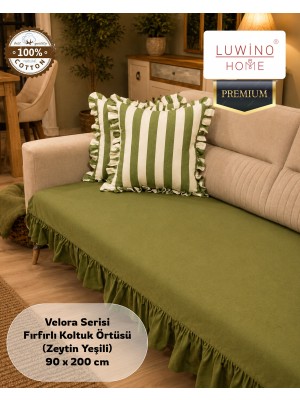 Luwino Home % 100 Pamuk Keten Fırfırlı Koltuk Örtüsü Velora Serisi, Yatak Runner ,dekoratif , Modern Tasarım ,kaymaz, Toz Tutmaz , Tüylenmez , 90X200 cm