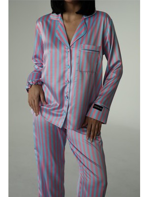 Strisce Fucsia Azzurro Saten Uzun Pijama Takımı (Geniş Beden Aralığı)