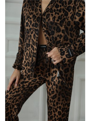 Fascino Del Leopardo Floş Saten Uzun Pijama Takımı