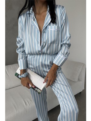 Coccolarsi Strisce Blu Saten Uzun Pijama Takımı (Geniş Beden Aralığı)