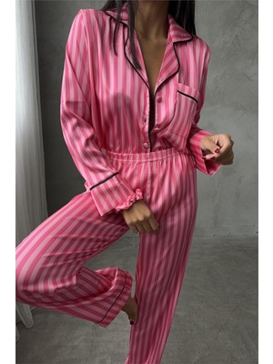 Coccolarsi Strisce Rosa Scuro Saten Uzun Pijama Takımı (Geniş Beden Aralığı)