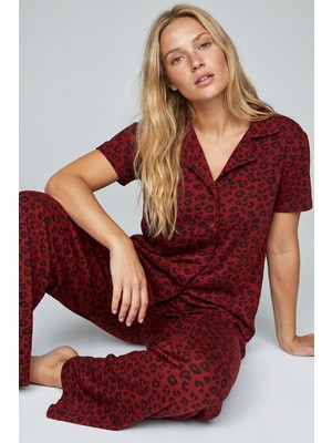 Siyah İnci Bordo Leopar Baskılı Düğmeli Örme Pijama Takım 8015