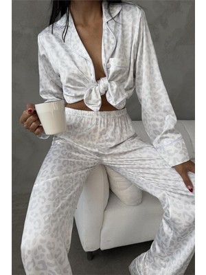 Leopardo Grigio Saten Uzun Pijama Takımı (Geniş Beden Aralığı)