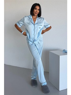 Coccolarsi Essenza Notte Bebe Mavisi Saten Kısa Kol Pantolon Pijama Takımı