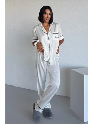 Coccolarsi Essenza Notte Beyaz Saten Kısa Kol Pantolon Pijama Takımı