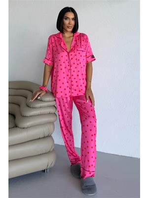 Coccolarsi Palline Colorate Fuşya Saten Kısa Kol Pantolon Pijama Takımı