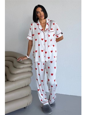 Coccolarsi Cuori In Bianco Saten Kısa Kol Pantolon Pijama Takımı