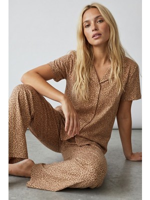 Siyah İnci Vizon Leopar Baskılı Düğmeli Örme Pijama Takım 8015