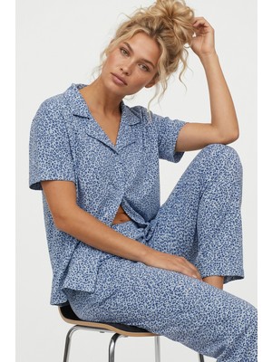 Siyah İnci Mavi Leopar Baskılı Düğmeli Örme Pijama Takım 8015
