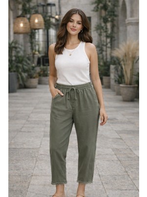 Myzen Kadın Haki Beli Lastikli Bağcıklı Paça Püsküllü Gabardin Pantolon