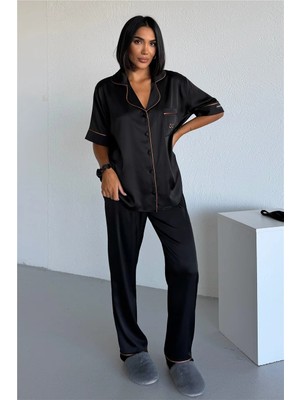 Coccolarsi Essenza Notte Siyah Saten Kısa Kol Pantolon Pijama Takımı