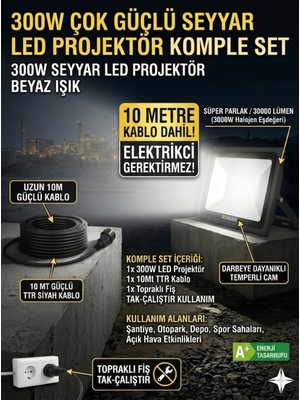 Schuar 10 Metre Kablolu 300 Watt Seyyar LED Projektör Aydınlatma. Seyyar Aydınlarma Su Geçirmez Dış Mekan IP66,BEYAZ Çok Güçlü Işık