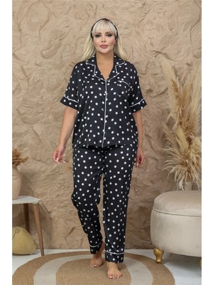 Coccolarsi Palline Colorate Siyah Saten Kısa Kol Pantolon Pijama Takımı (Büyük Beden)