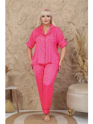 Coccolarsi Palline Colorate Fuşya Saten Kısa Kol Pantolon Pijama Takımı (Büyük Beden)