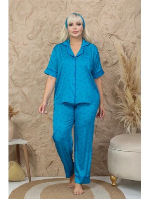 Coccolarsi Palline Colorate Turkuaz Saten Kısa Kol Pantolon Pijama Takımı (Büyük Beden)