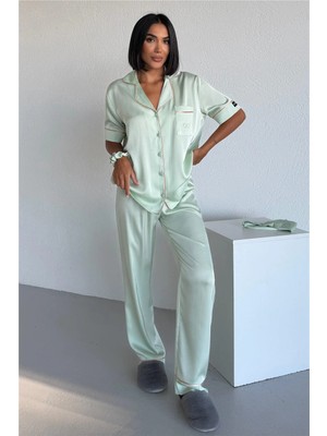 Coccolarsi Essenza Notte Su Yeşili Saten Kısa Kol Pantolon Pijama Takımı