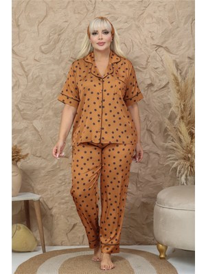 Coccolarsi Palline Colorate Kahverengi Saten Kısa Kol Pantolon Pijama Takımı (Büyük Beden)