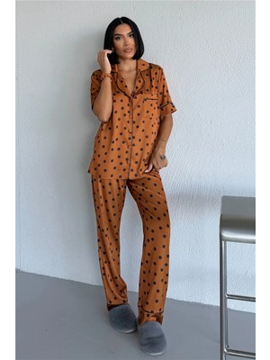 Coccolarsi Palline Colorate Kahverengi Saten Kısa Kol Pantolon Pijama Takımı