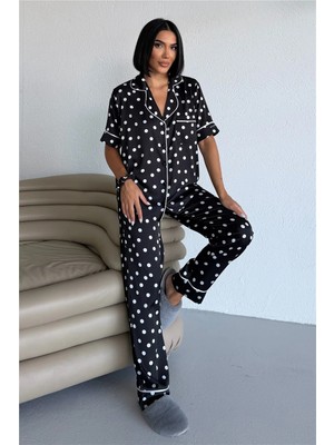 Coccolarsi Palline Colorate Siyah Saten Kısa Kol Pantolon Pijama Takımı
