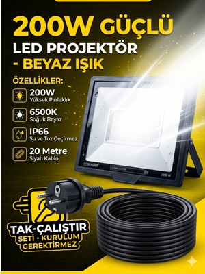 Schuar 20 mt Kablolu 200 Watt Seyyar LED Projektör Aydınlatma. Seyyar Aydınlarma Su Geçirmez Dış Mekan IP66,BEYAZ Çok Güçlü Işık
