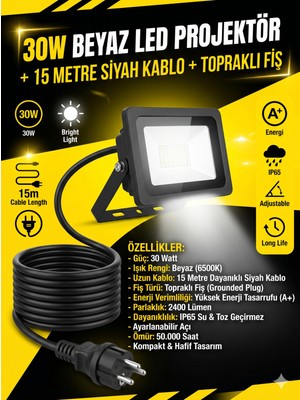 Schuar 15 mt Kablolu 30 Watt Seyyar LED Projektör Aydınlatma. Seyyar Aydınlatma Su Geçirmez Dış Mekan IP65 Tak Çalıştır