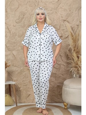 Coccolarsi Palline Colorate Beyaz Saten Kısa Kol Pantolon Pijama Takımı (Büyük Beden)